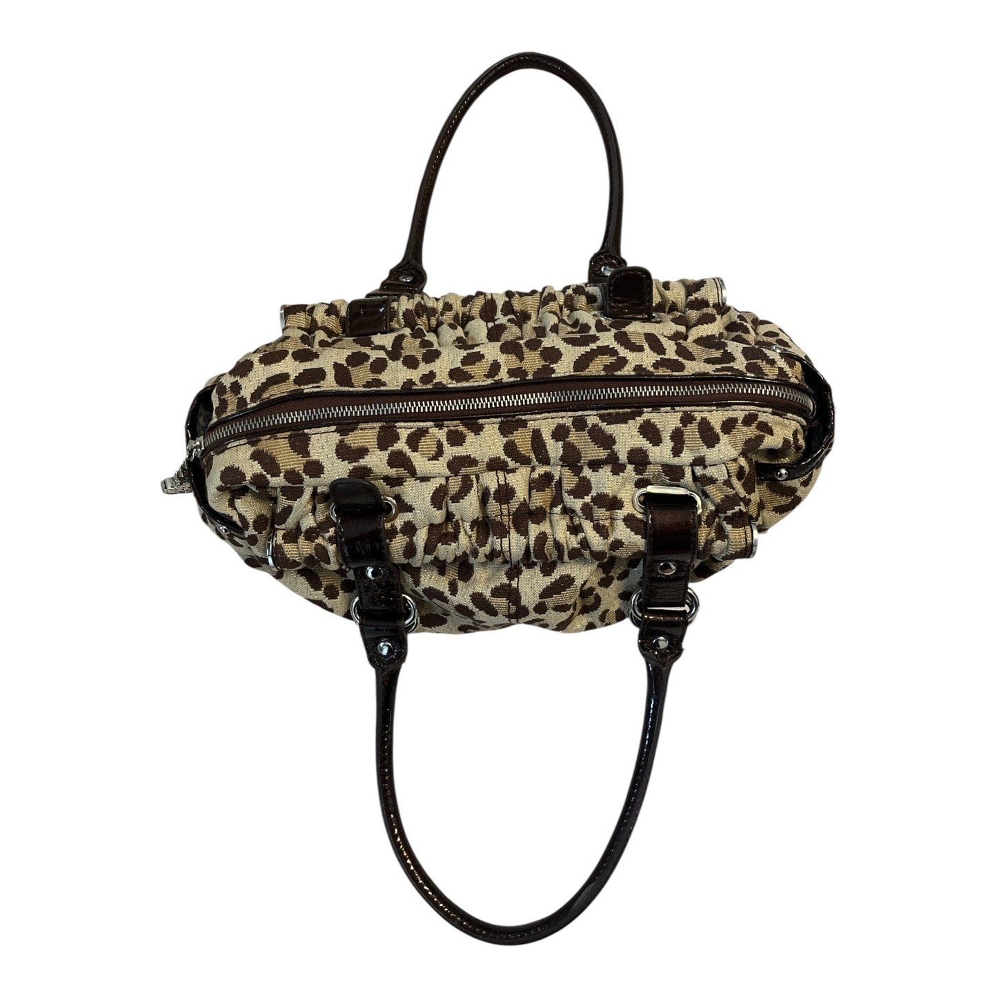 Kathy Van Zeeland Early 2000s Boho Leopard Print Satchel Purse – Gold Sparkle Fabric, Patent Trim, Crown Logo