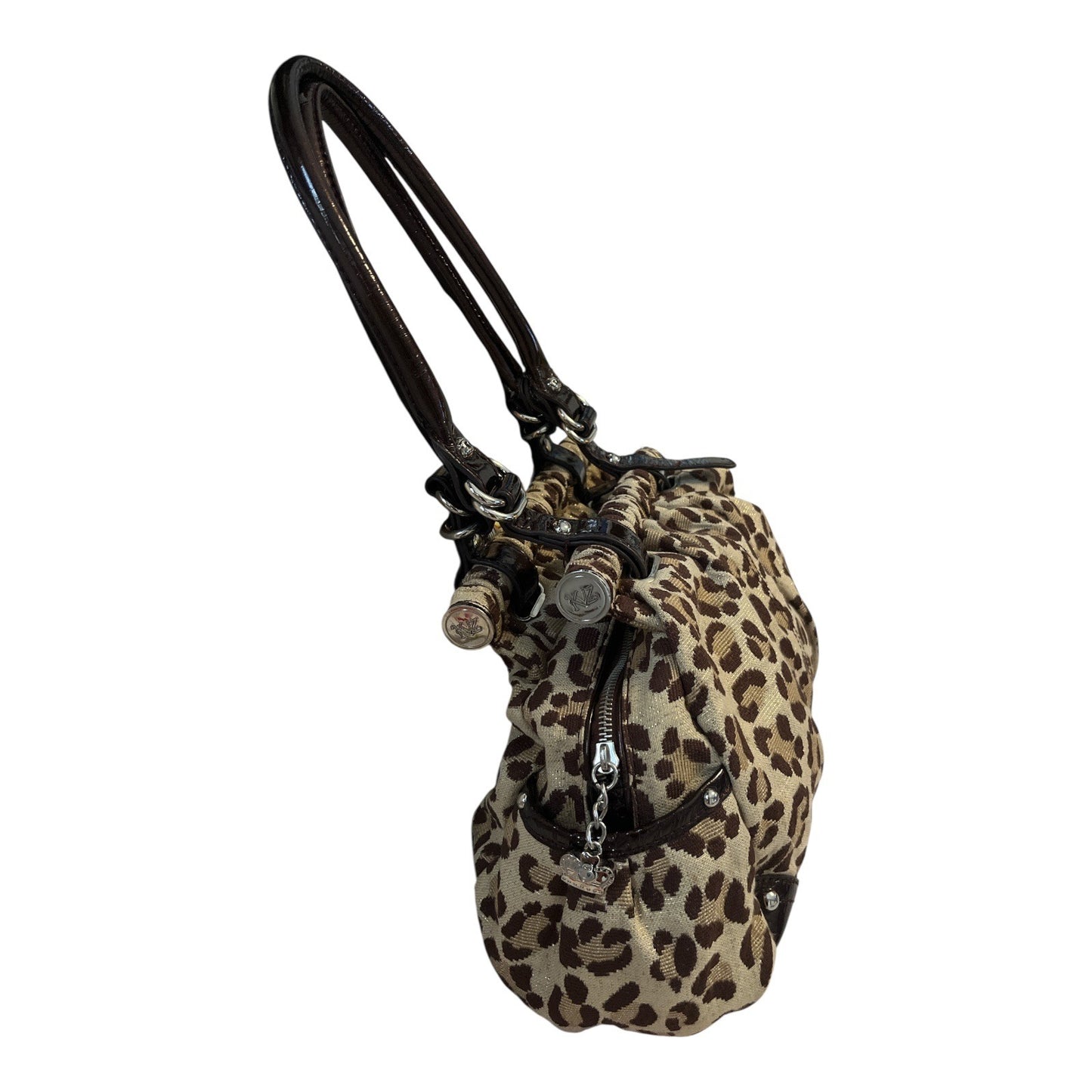 Kathy Van Zeeland Early 2000s Boho Leopard Print Satchel Purse – Gold Sparkle Fabric, Patent Trim, Crown Logo