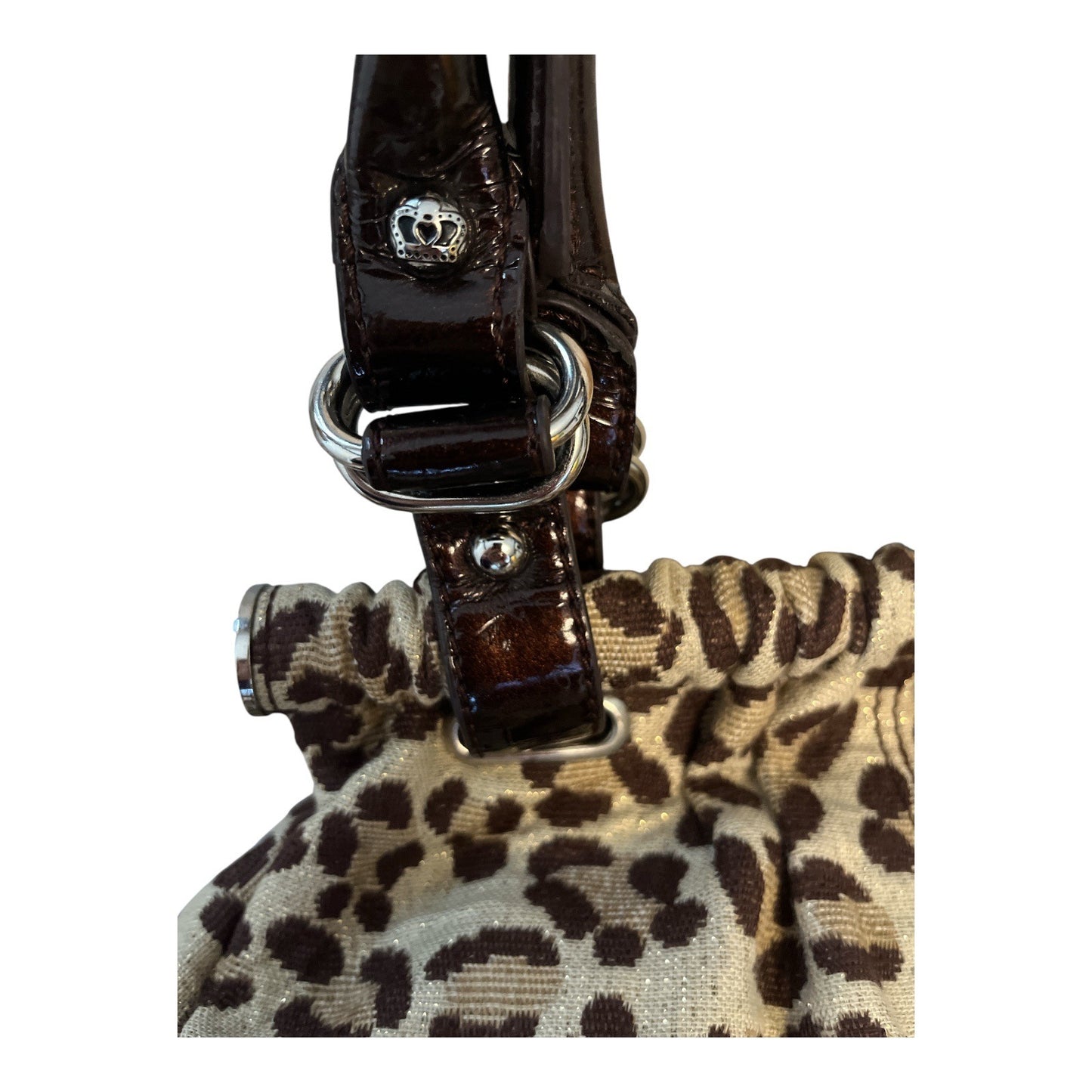 Kathy Van Zeeland Early 2000s Boho Leopard Print Satchel Purse – Gold Sparkle Fabric, Patent Trim, Crown Logo