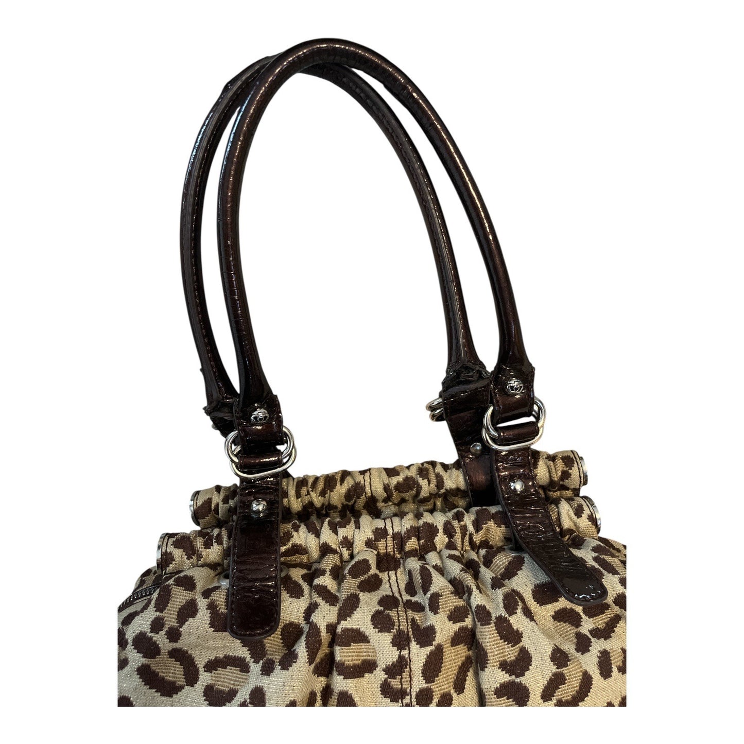 Kathy Van Zeeland Early 2000s Boho Leopard Print Satchel Purse – Gold Sparkle Fabric, Patent Trim, Crown Logo