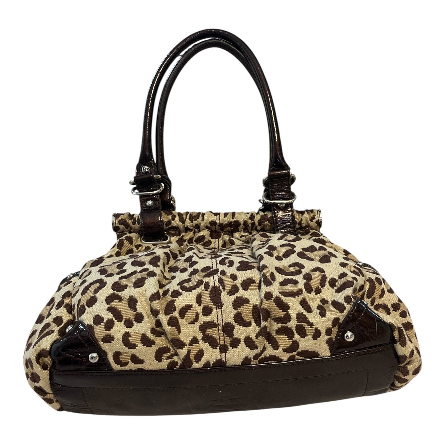 Kathy Van Zeeland Early 2000s Boho Leopard Print Satchel Purse – Gold Sparkle Fabric, Patent Trim, Crown Logo
