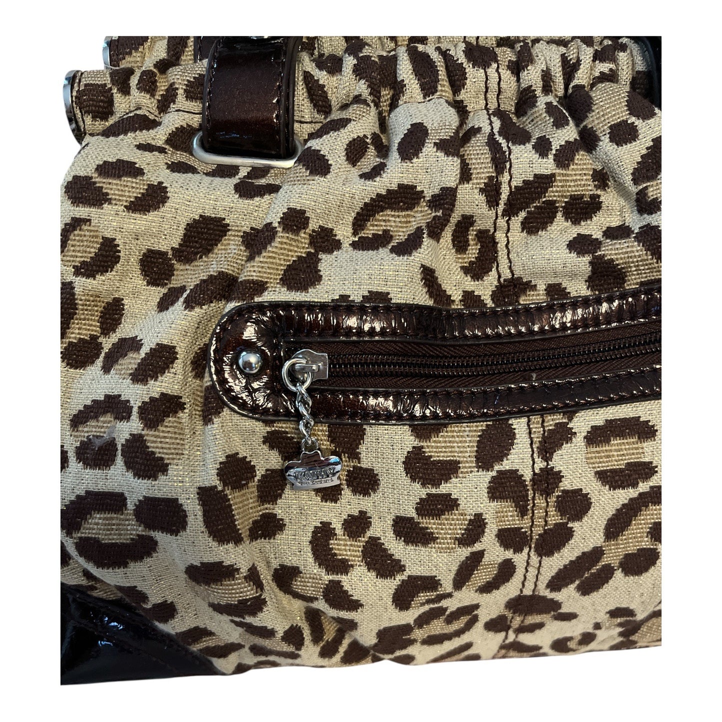 Kathy Van Zeeland Early 2000s Boho Leopard Print Satchel Purse – Gold Sparkle Fabric, Patent Trim, Crown Logo