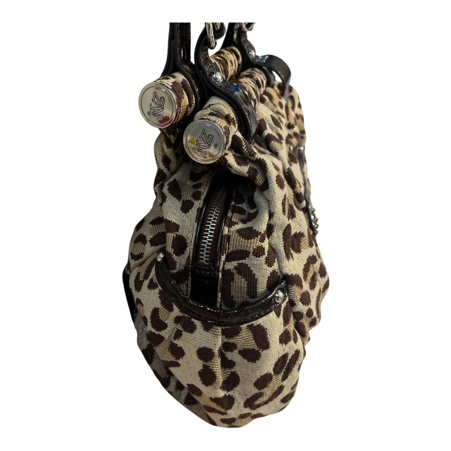 Kathy Van Zeeland Early 2000s Boho Leopard Print Satchel Purse – Gold Sparkle Fabric, Patent Trim, Crown Logo