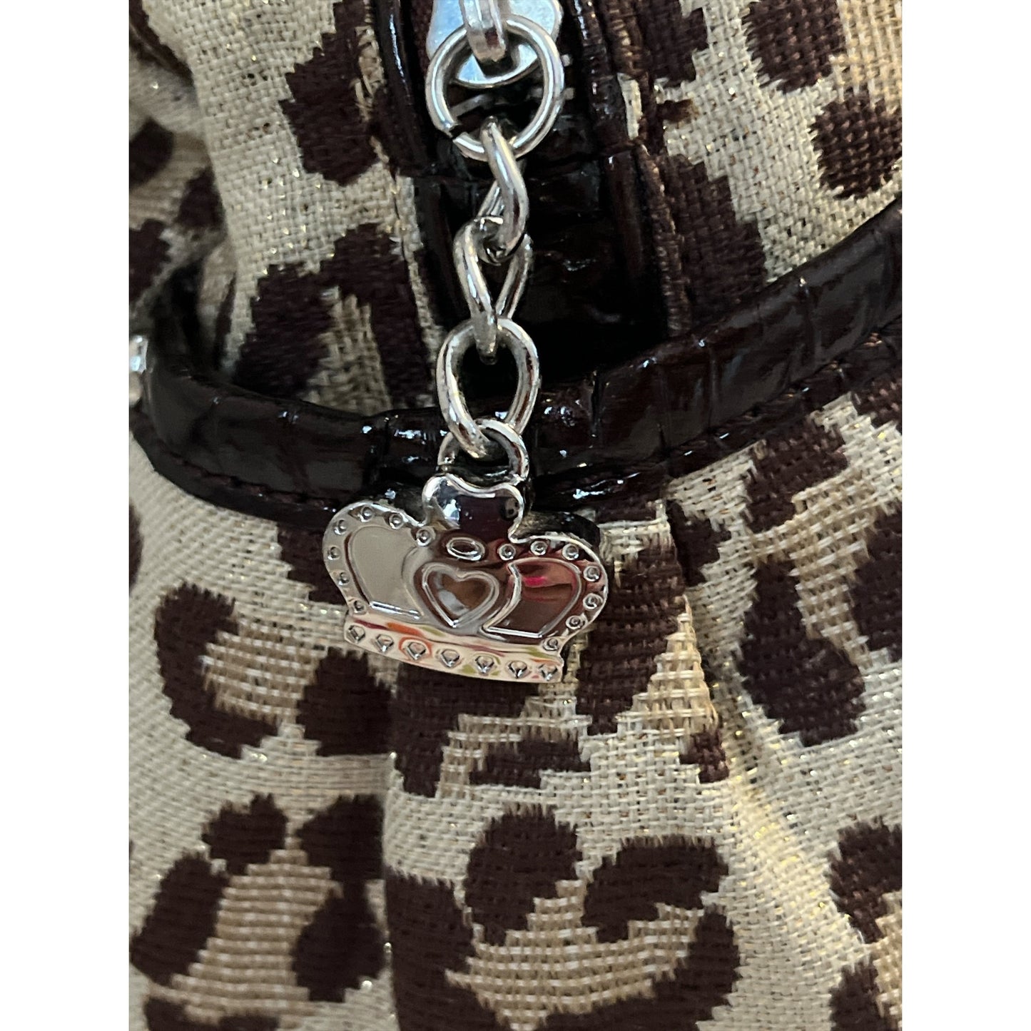 Kathy Van Zeeland Early 2000s Boho Leopard Print Satchel Purse – Gold Sparkle Fabric, Patent Trim, Crown Logo
