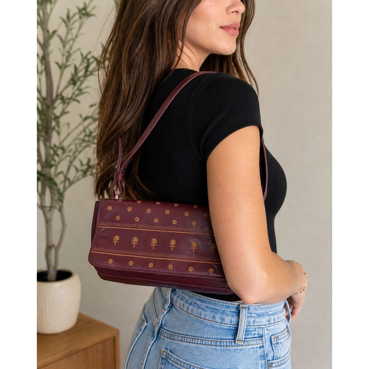Adrienne Vittadini Burgundy Leather Shoulder Bag Floral Palm Tree Embossed