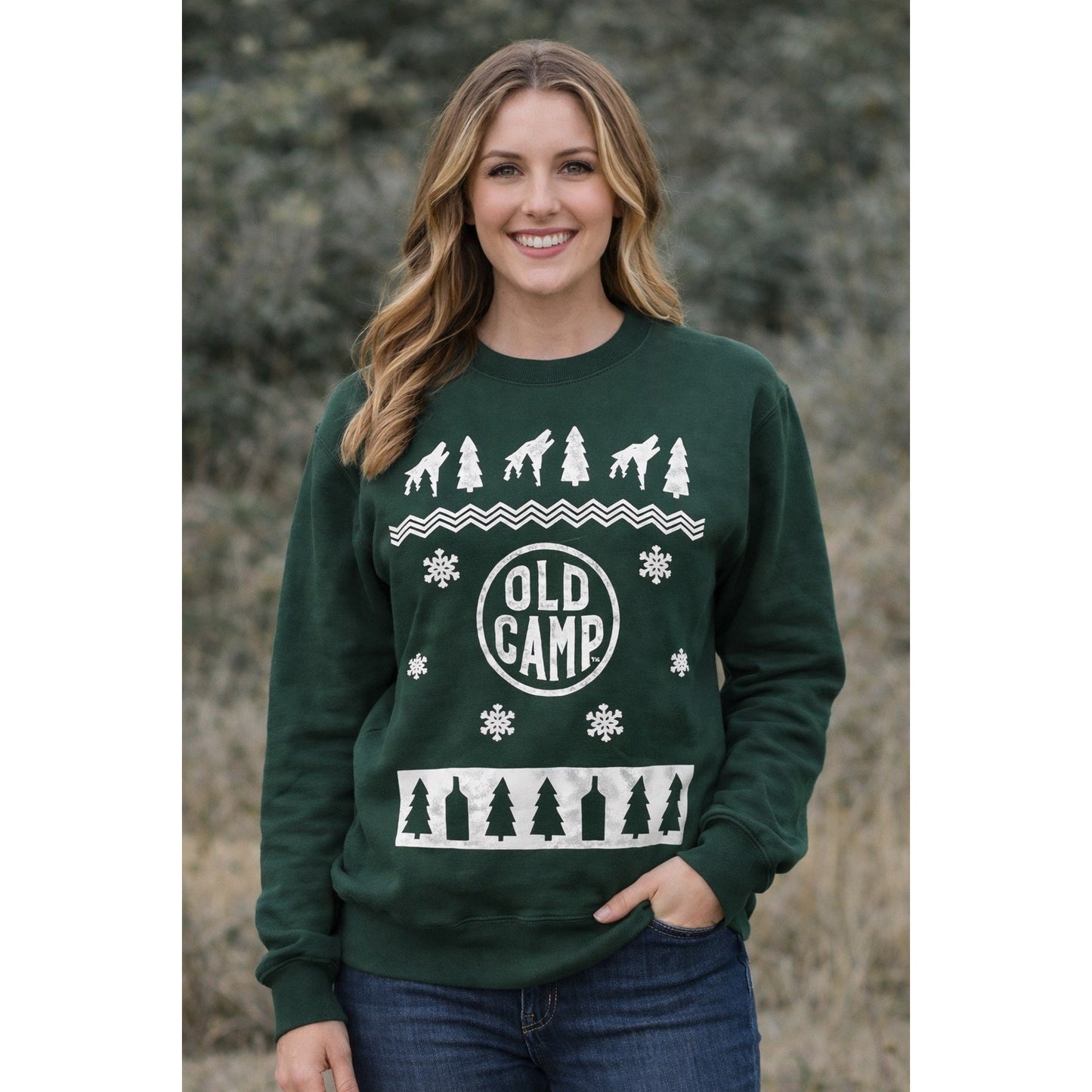Vintage Old Camp Graphic Crewneck Sweatshirt Green Outdoor Winter S