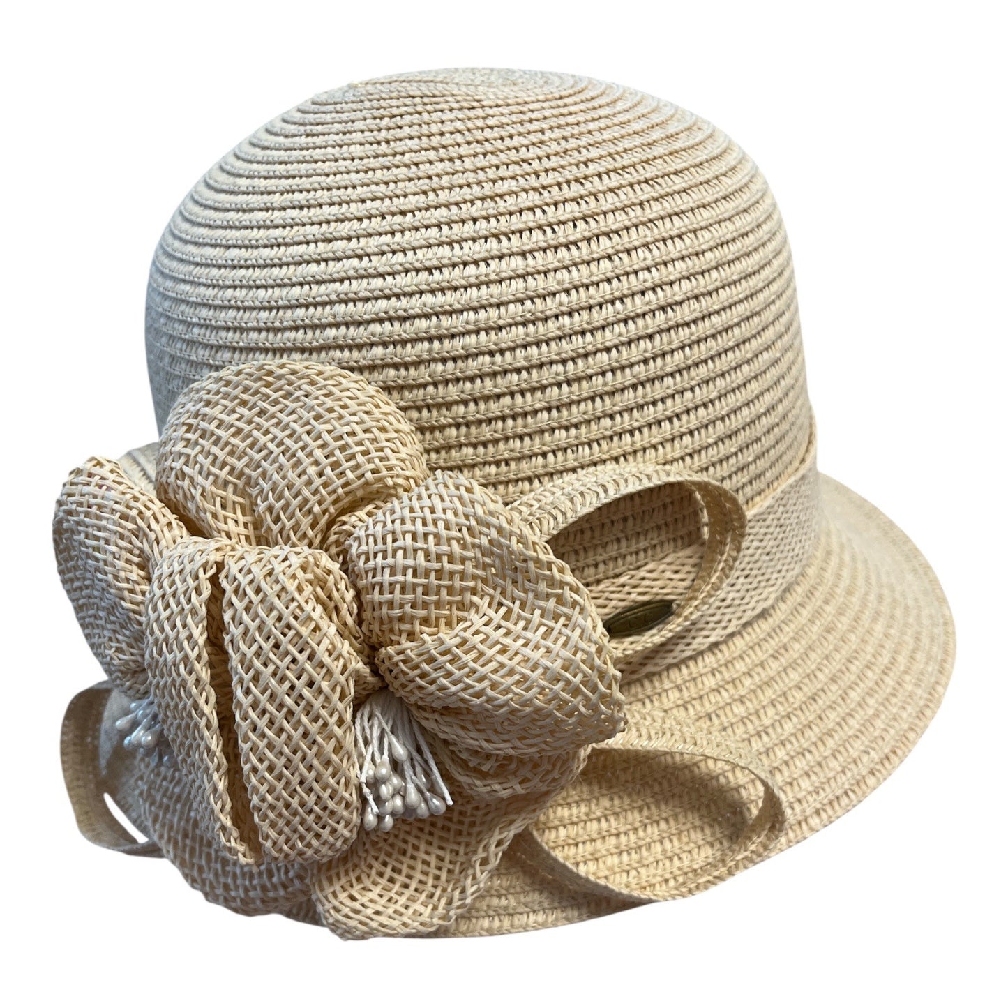 C.C Exclusives Women’s Beige Cloche Hat – Bow & Flower Accent