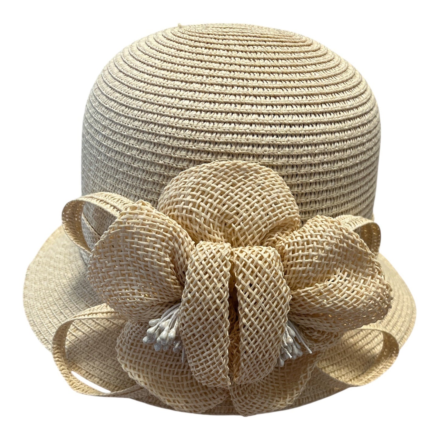 C.C Exclusives Women’s Beige Cloche Hat – Bow & Flower Accent