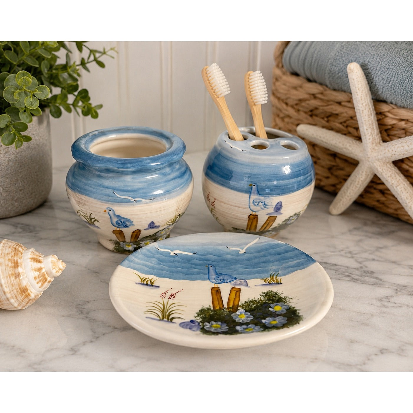 Vintage Coastal Ceramic Bathroom Set Seagull Toothbrush Holder Vanity Tray Blue White