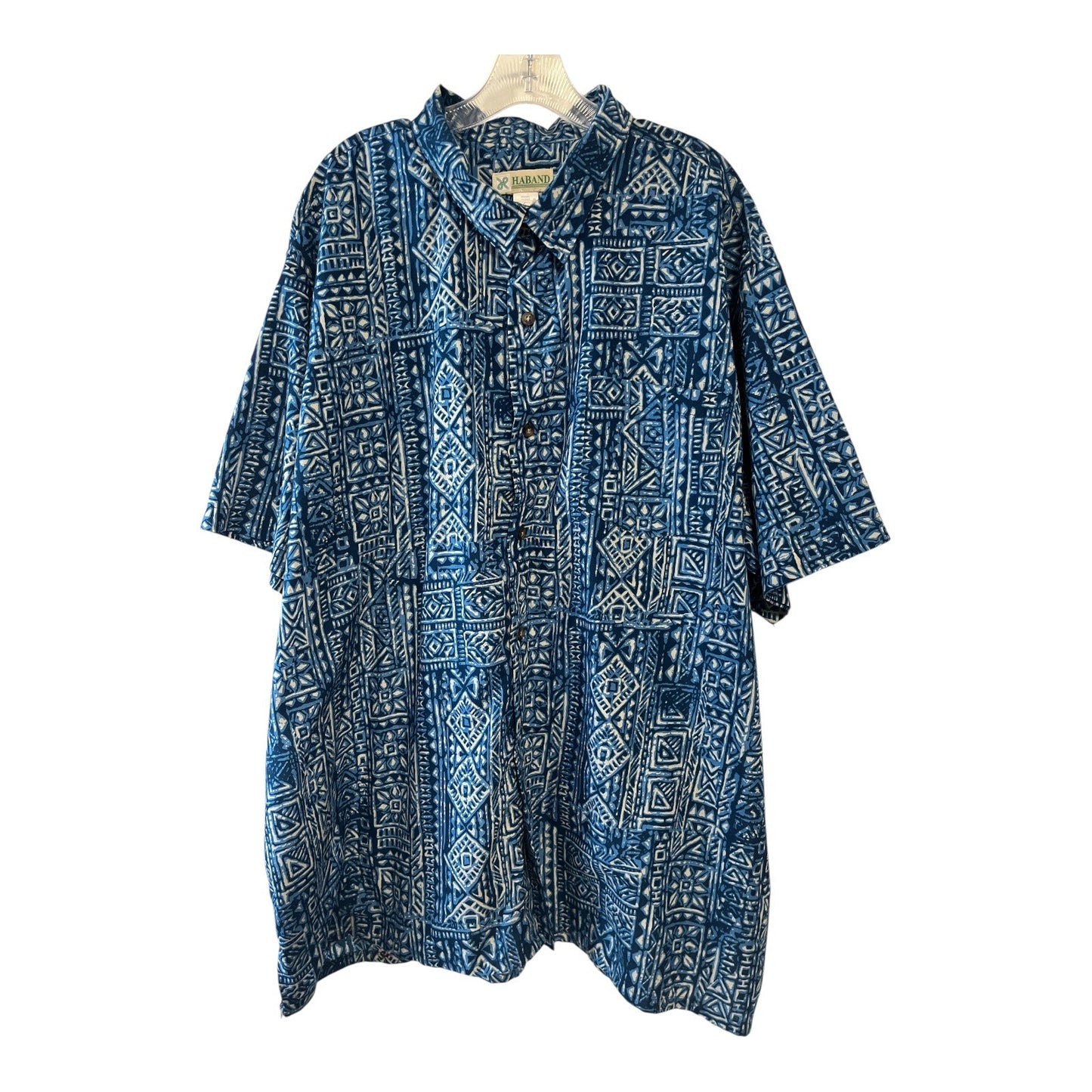 Haband Men’s 3X Short Sleeve Button Front Shirt – Red & Blue Tribal Geometric Print – Set of 2 (60" x 34")