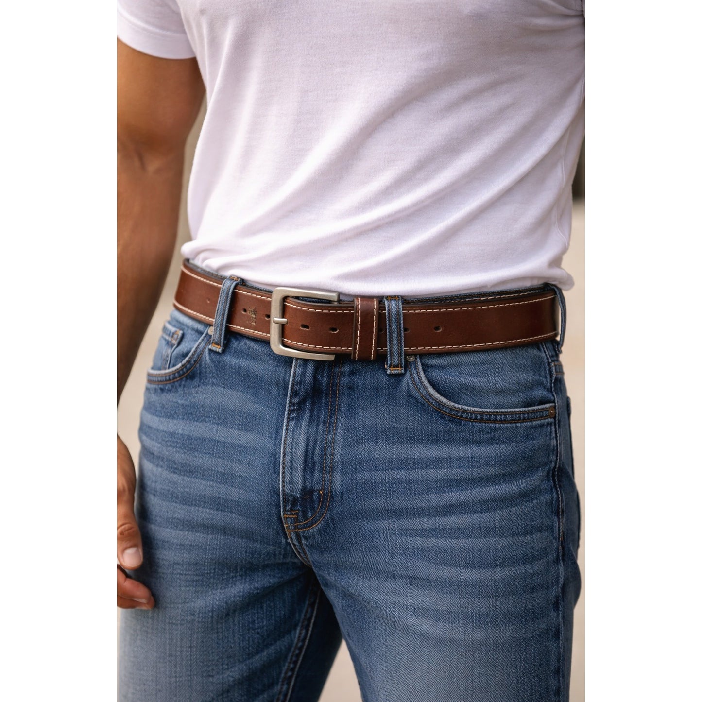 Y2K Timberland Brown Leather Belt 46 Inch Contrast Stitch Logo Buckle