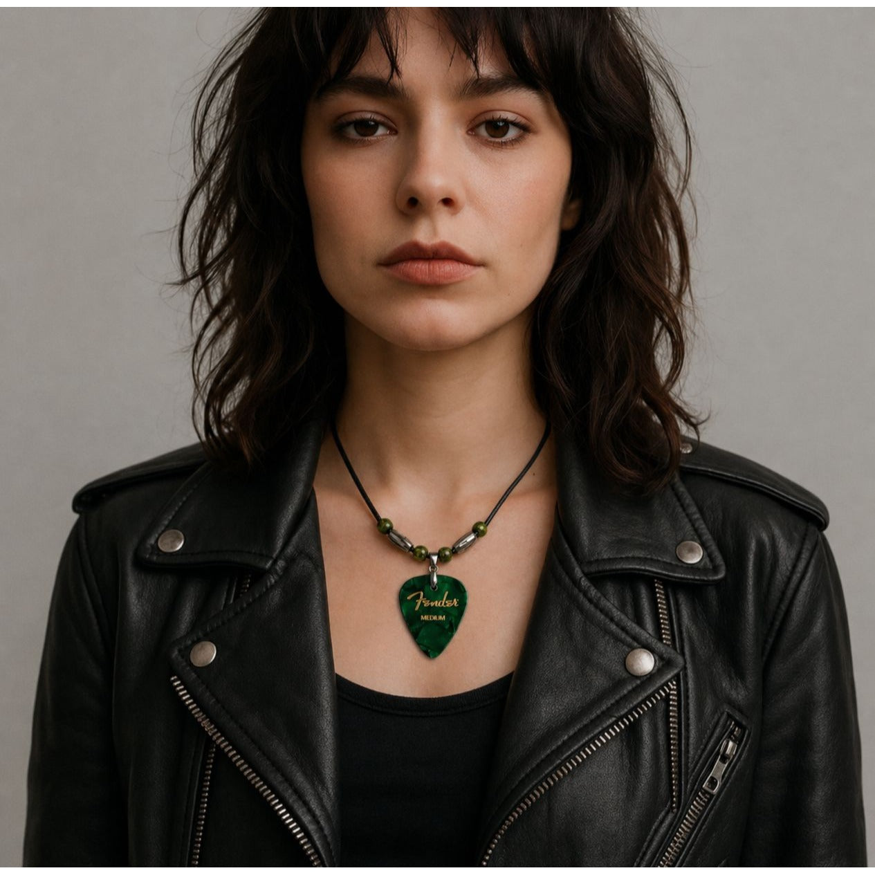 Handmade Fender Guitar Pick Necklace – Green Medium Pick with Beads on Black Cord – 15”