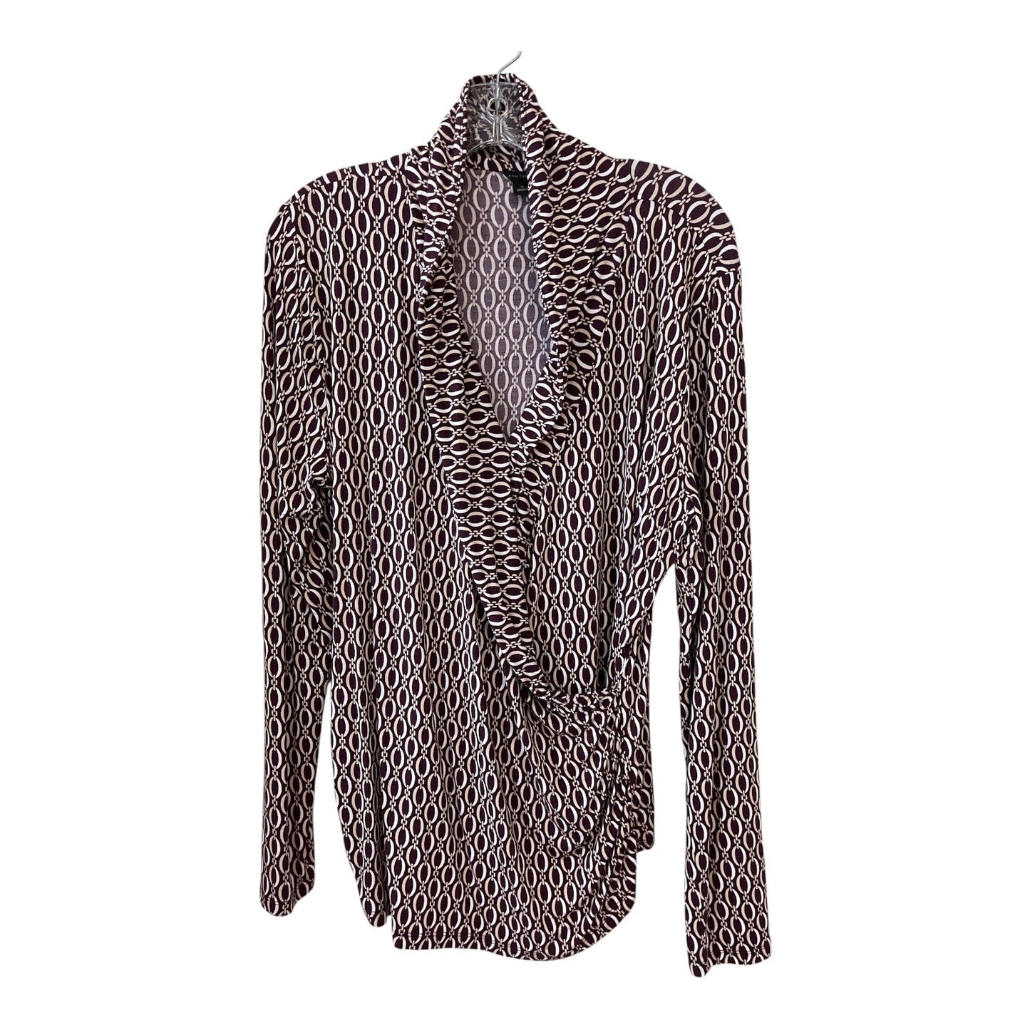 Ann Taylor Women’s XL Long Sleeve Blouse | Maroon Geometric Chain Print | Draped Crossover Front