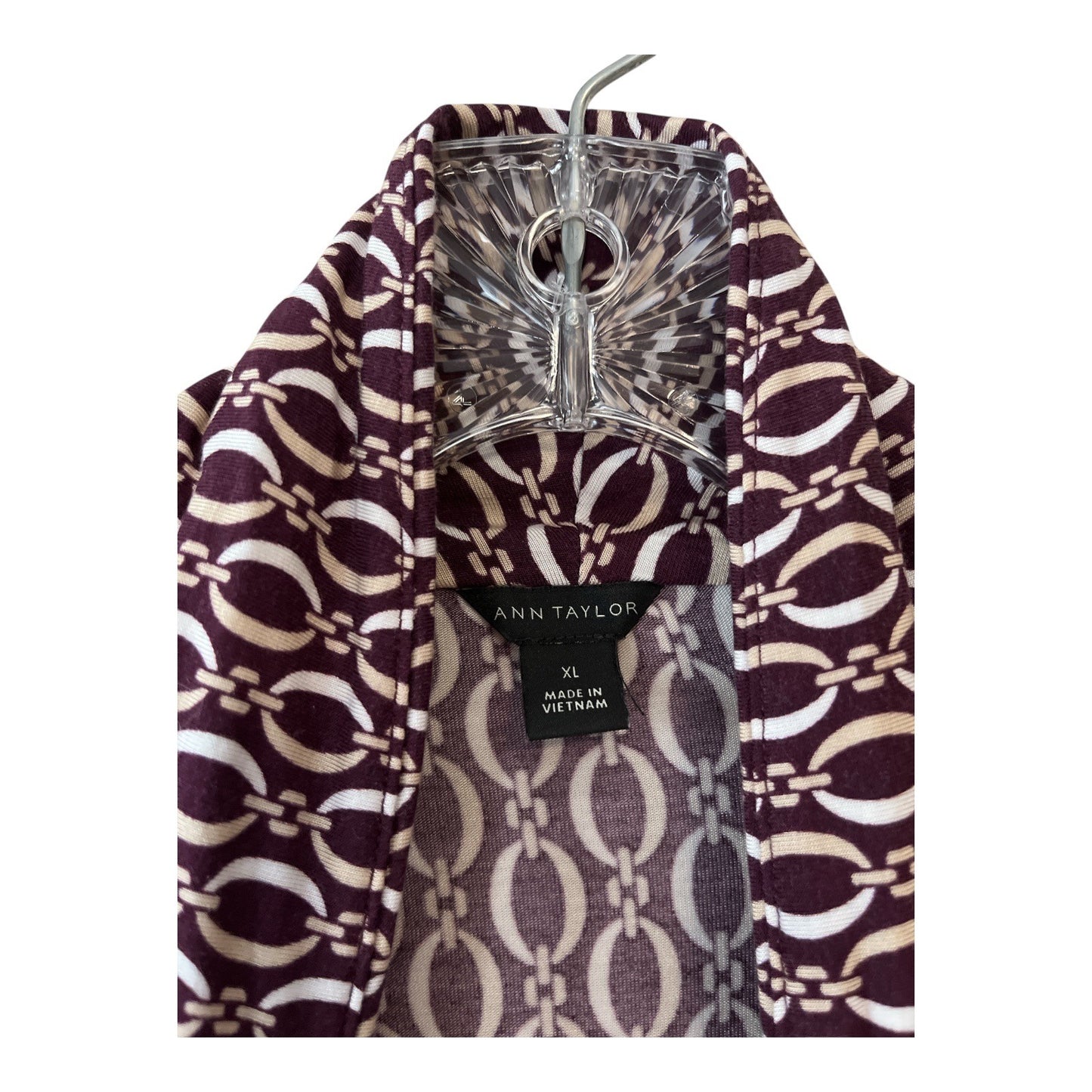 Ann Taylor Women’s XL Long Sleeve Blouse | Maroon Geometric Chain Print | Draped Crossover Front