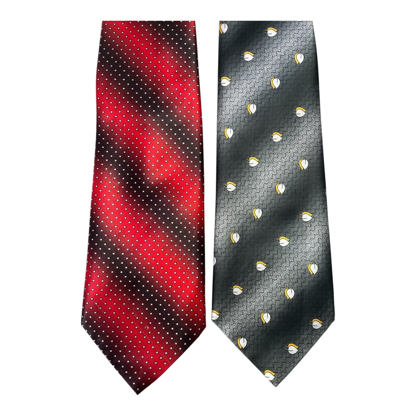 Vintage Fulei Men’s Neckties – Red Black Striped Dots & Gray Geometric Pattern