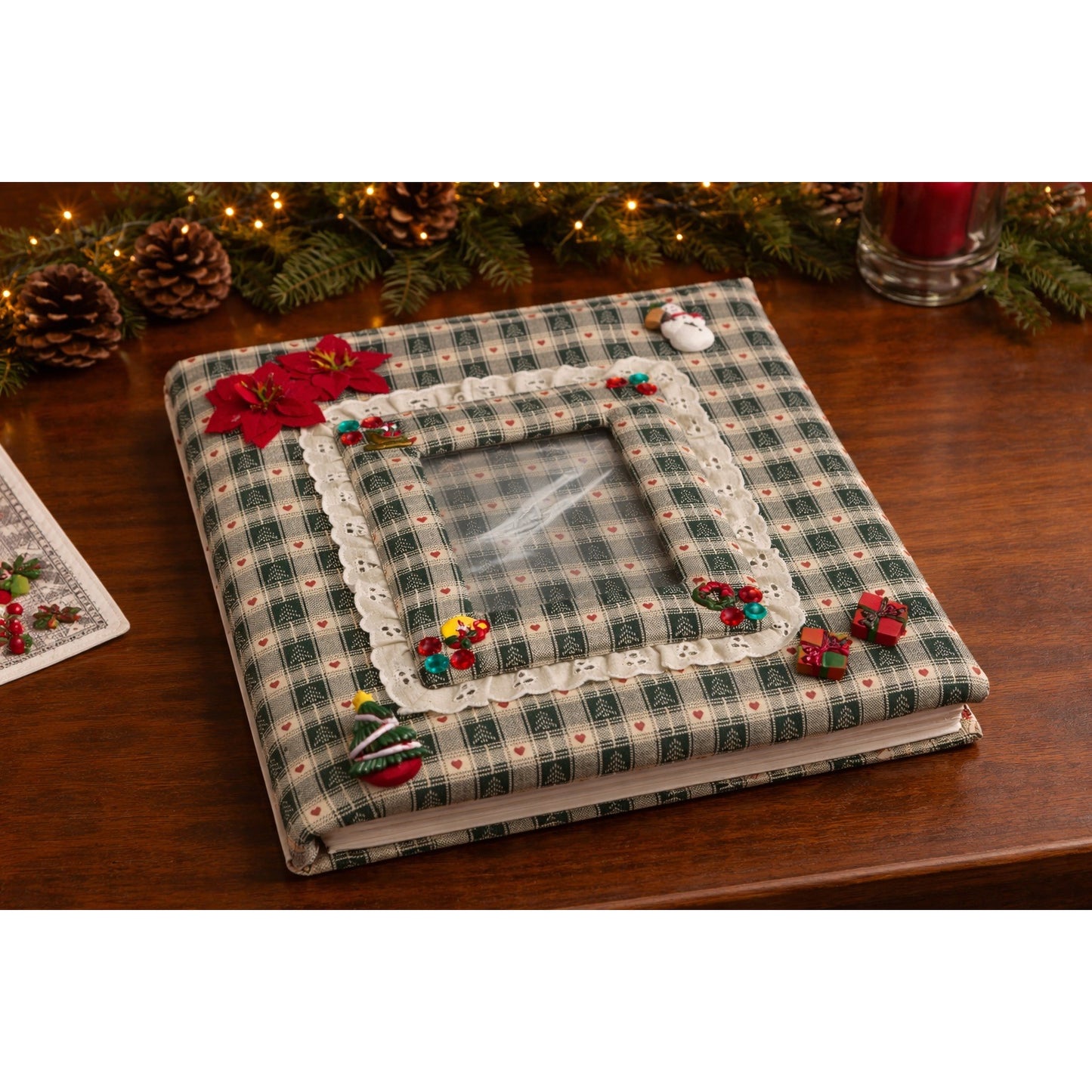 Vintage Christmas Photo Album Handmade Fabric Covered Binder Lace Trim Holiday 13.5x9