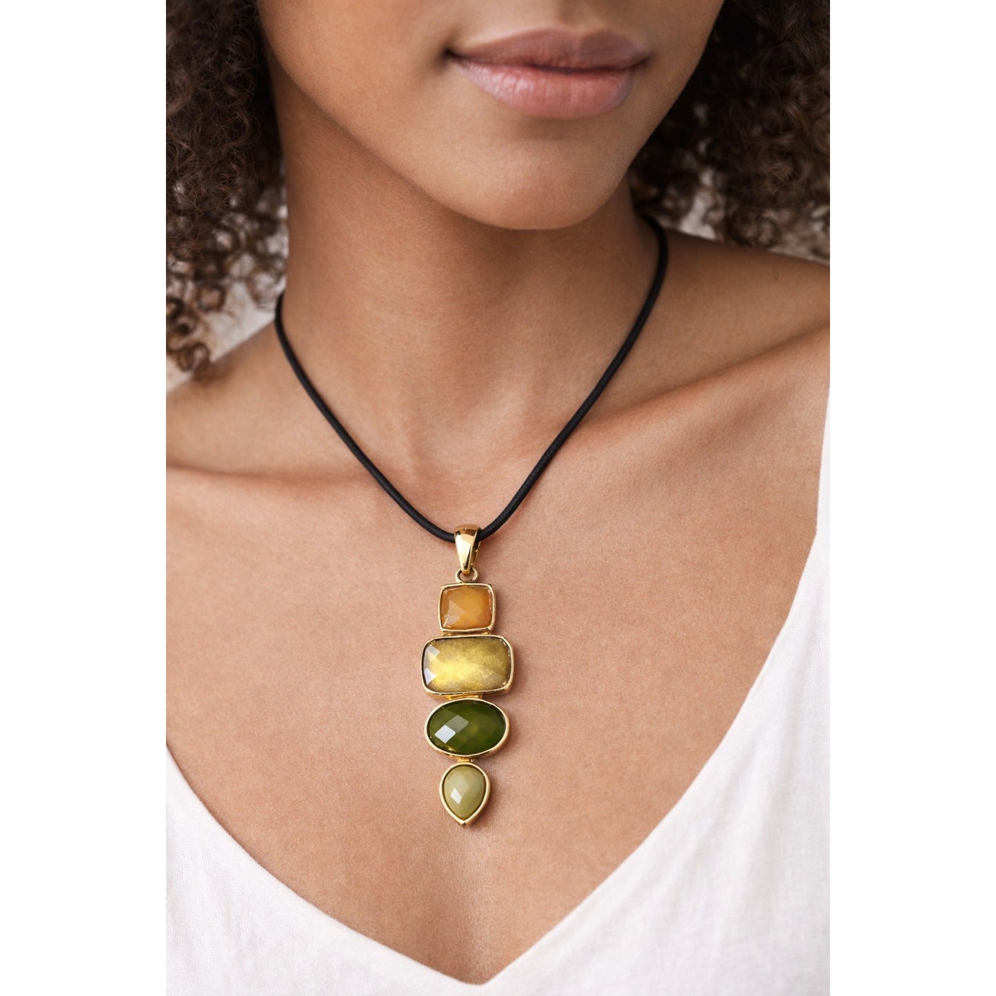 Y2K Lia Sophia Gold Tone Multi Stone Pendant Necklace Black Cord 9” Drop