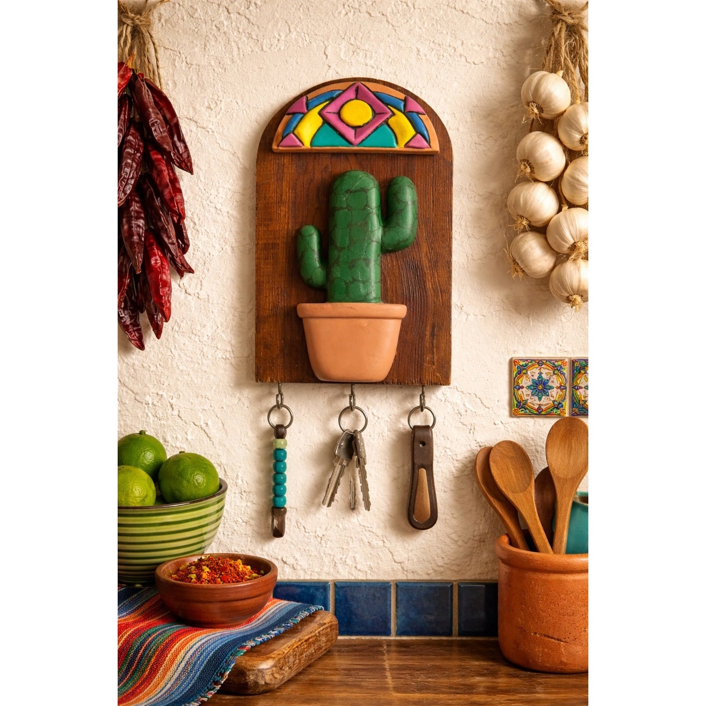 Handmade Southwest Cactus Wall Key Holder Wood Plaque with Hooks