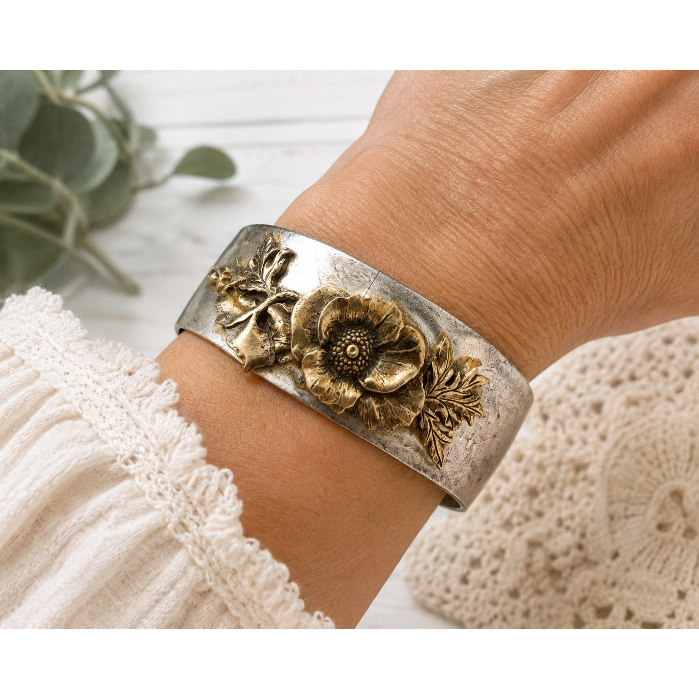 Vintage Poppy Flower August Sincerity Character Generosity Silver Tone Cuff Bracelet