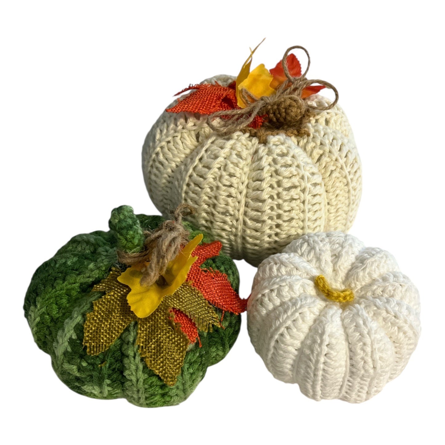 Handmade Set of 3 Crocheted Pumpkins – Fall Harvest Decor – White, Cream & Green