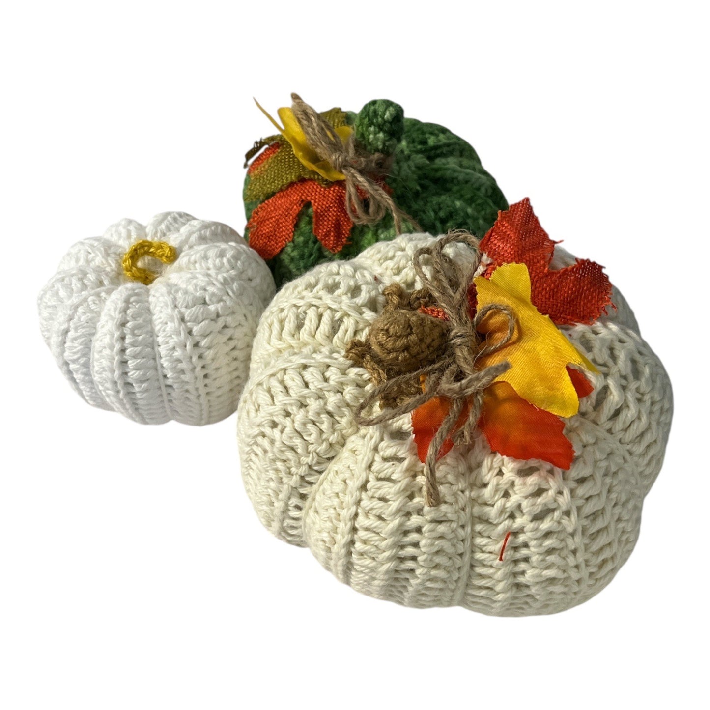 Handmade Set of 3 Crocheted Pumpkins – Fall Harvest Decor – White, Cream & Green