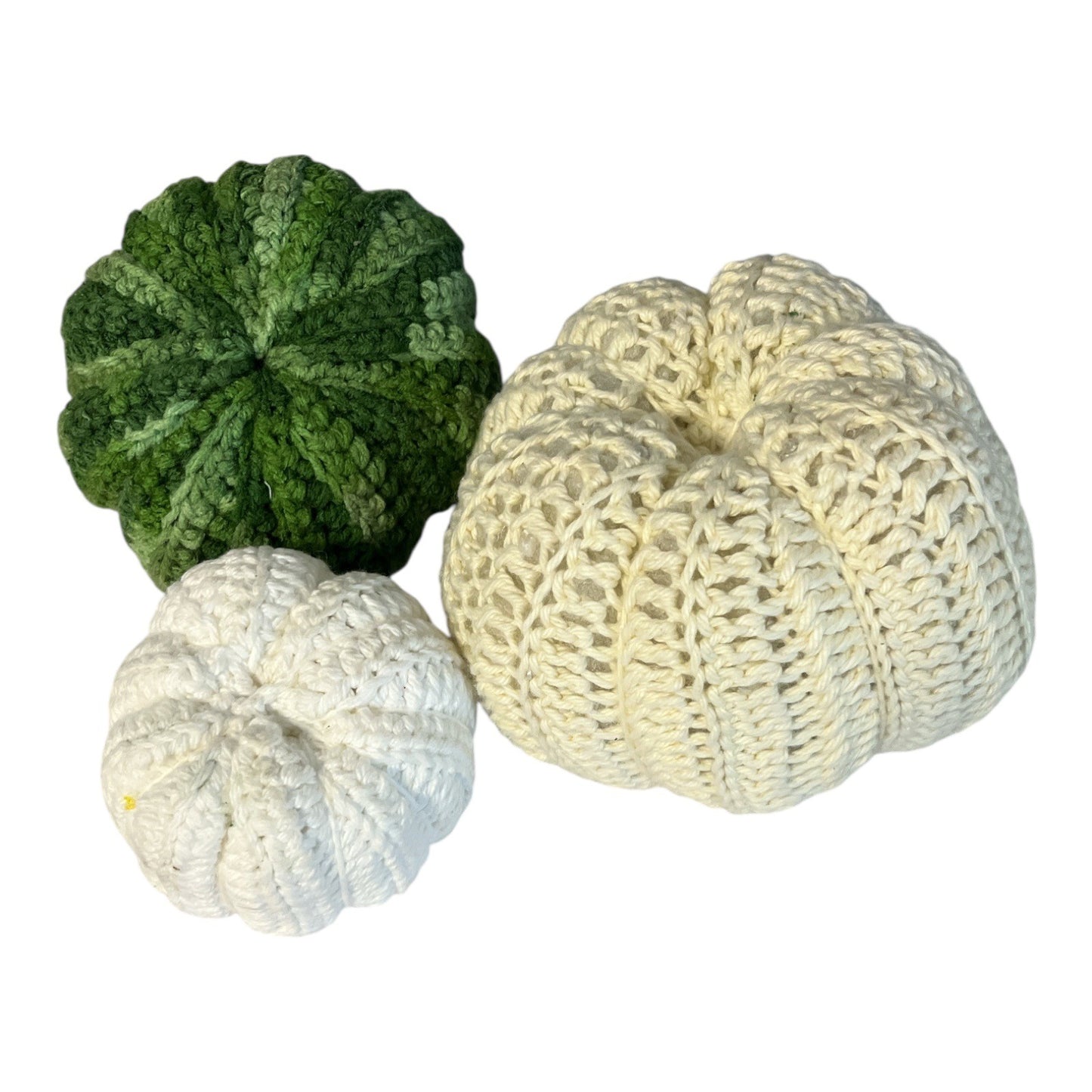 Handmade Set of 3 Crocheted Pumpkins – Fall Harvest Decor – White, Cream & Green