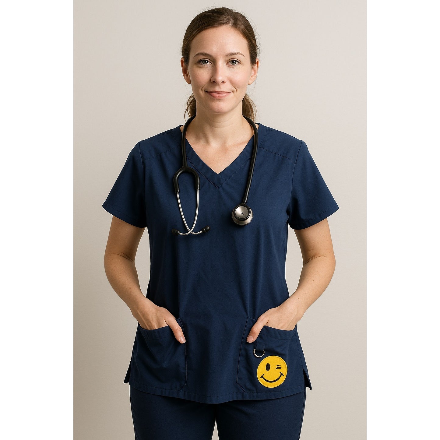 Joe Boxer Women’s L Navy Blue Scrub Top with Smiley Face Patch