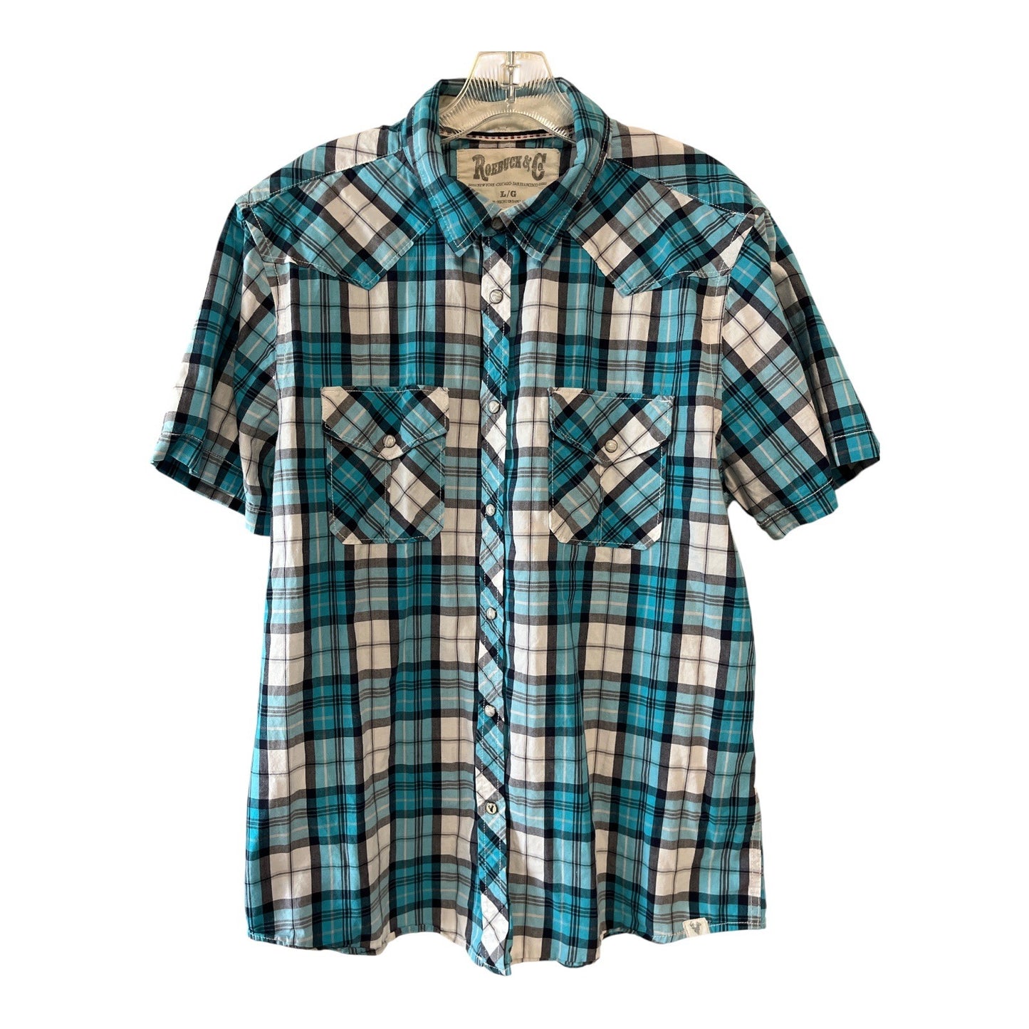 Roebuck & Co. Men’s L Plaid Pearl Snap Western Shirt – Blue/Black/White – 2010s