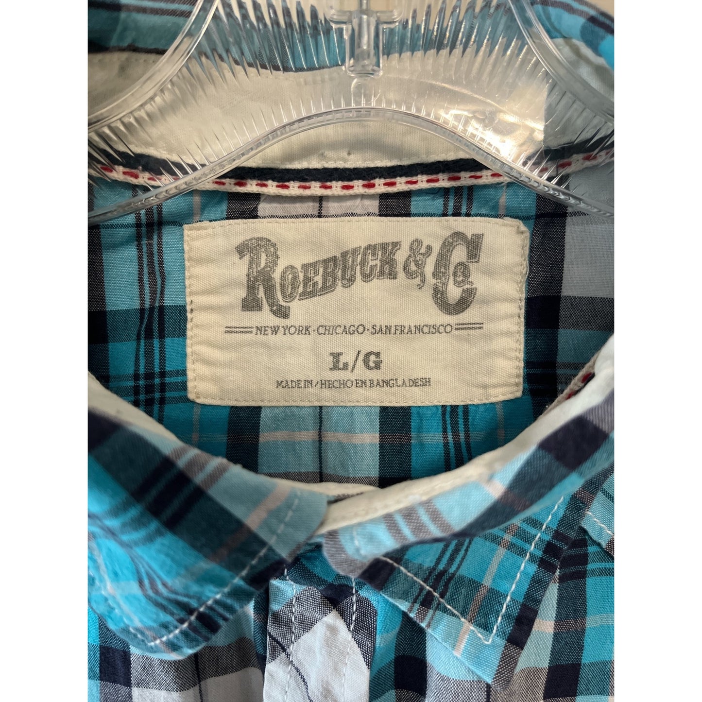 Roebuck & Co. Men’s L Plaid Pearl Snap Western Shirt – Blue/Black/White – 2010s