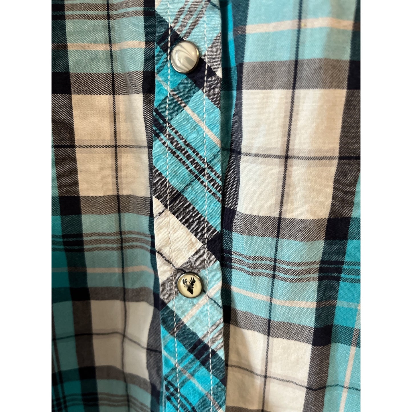 Roebuck & Co. Men’s L Plaid Pearl Snap Western Shirt – Blue/Black/White – 2010s