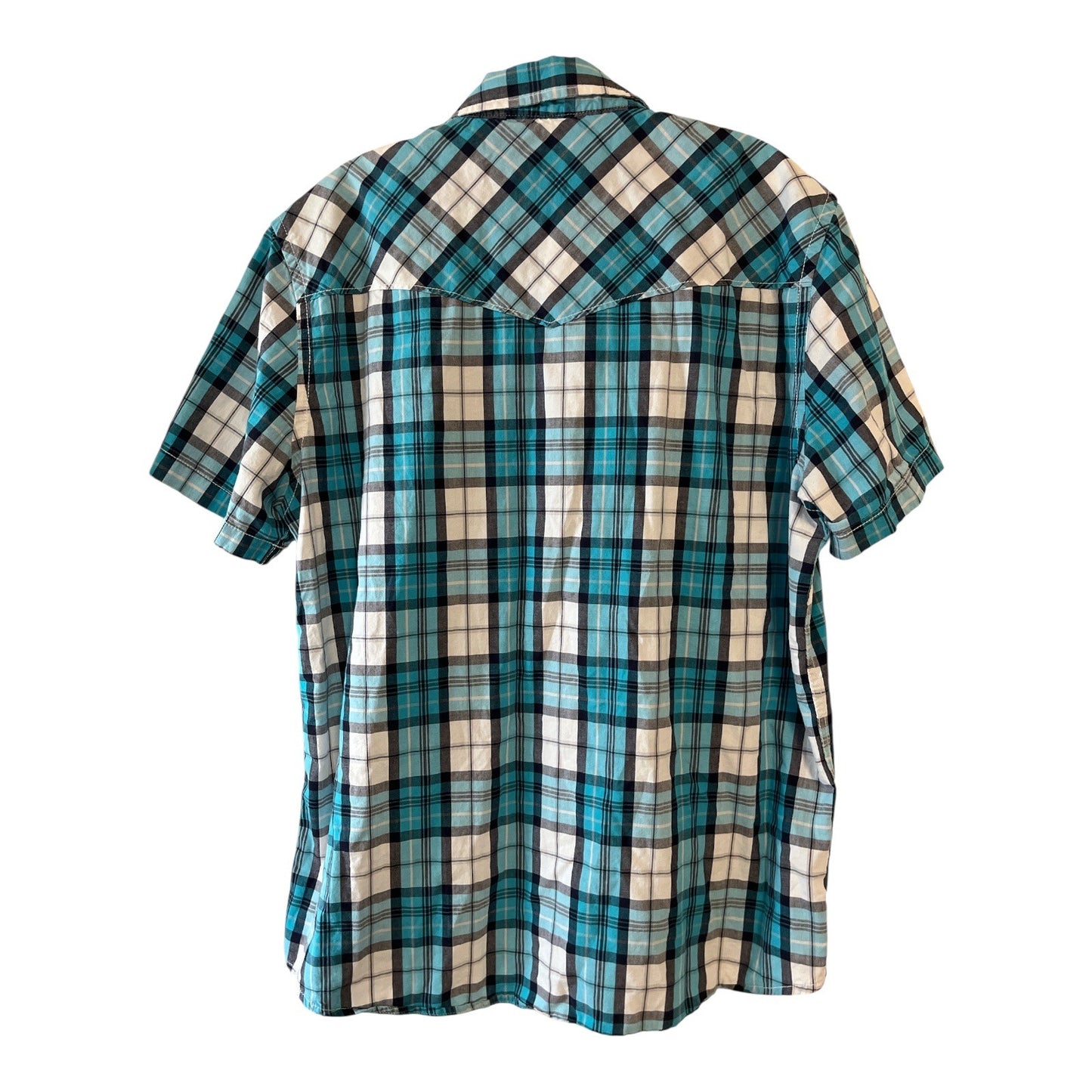 Roebuck & Co. Men’s L Plaid Pearl Snap Western Shirt – Blue/Black/White – 2010s