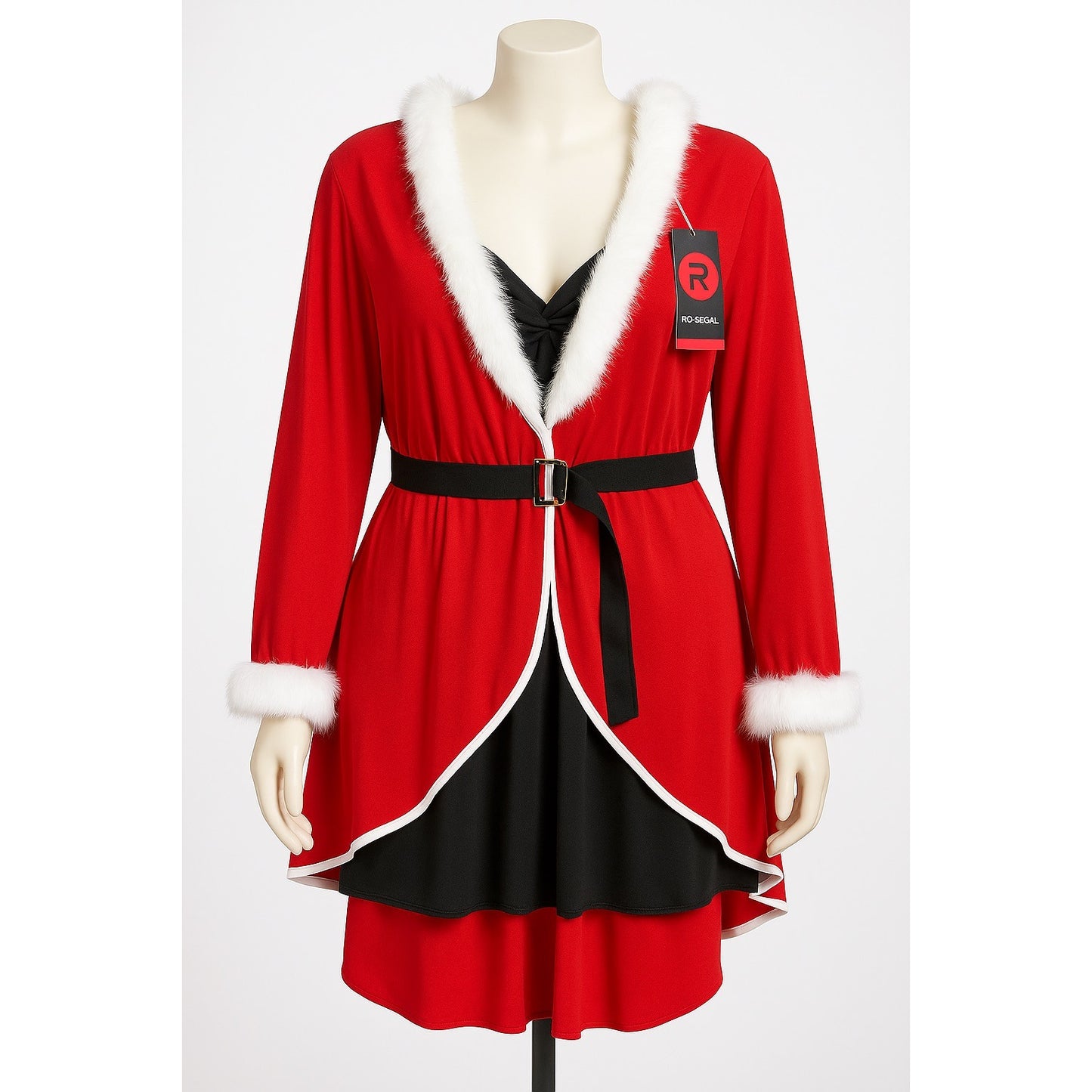 Rosegal Women’s 3X Red Santa Claus Dress Coat with Faux Fur Trim, Belt & Attached Black Camisole