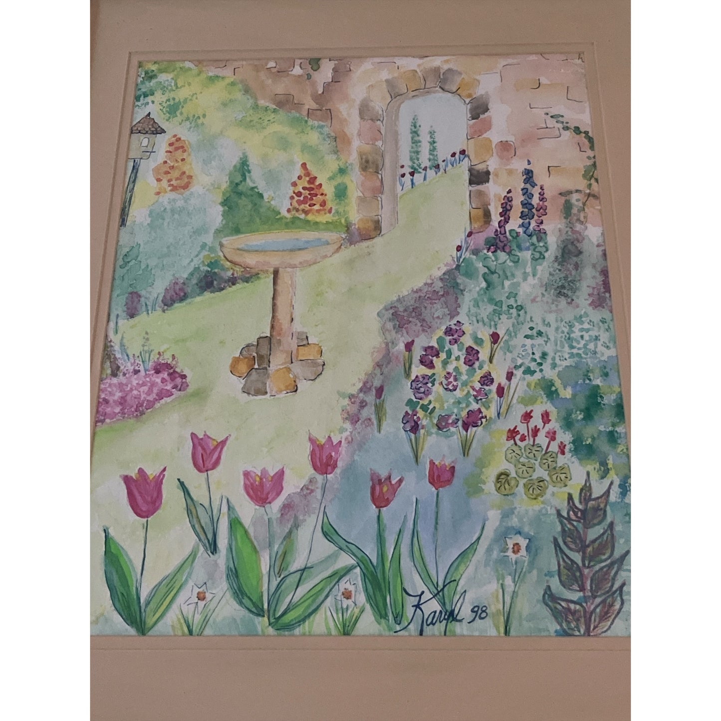 Original Watercolor Garden Scene – Signed Karyl 1998 – Framed 21x17