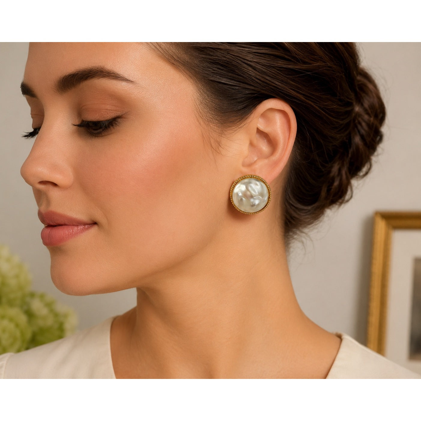 Vintage Gold Tone Faux Baroque Pearl Clip On Earrings Large Statement Mid Century