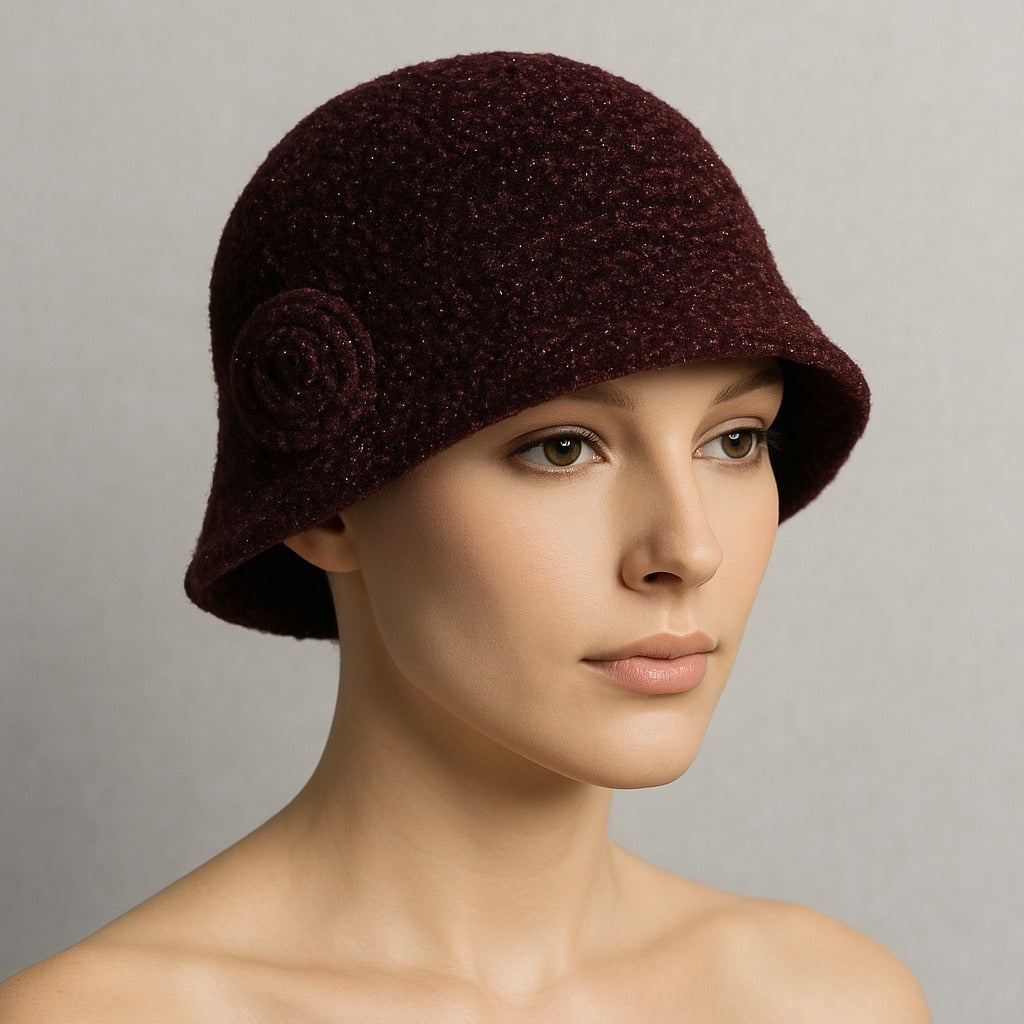 Vintage Italian Handmade Chenille Cloche Hat Burgundy Metallic Accent
