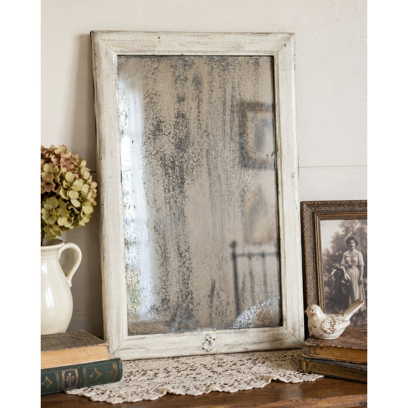 Vintage Hooker Wall Mirror Distressed White Wood Frame Authentic Foxed Glass Farmhouse Cottage 19x12