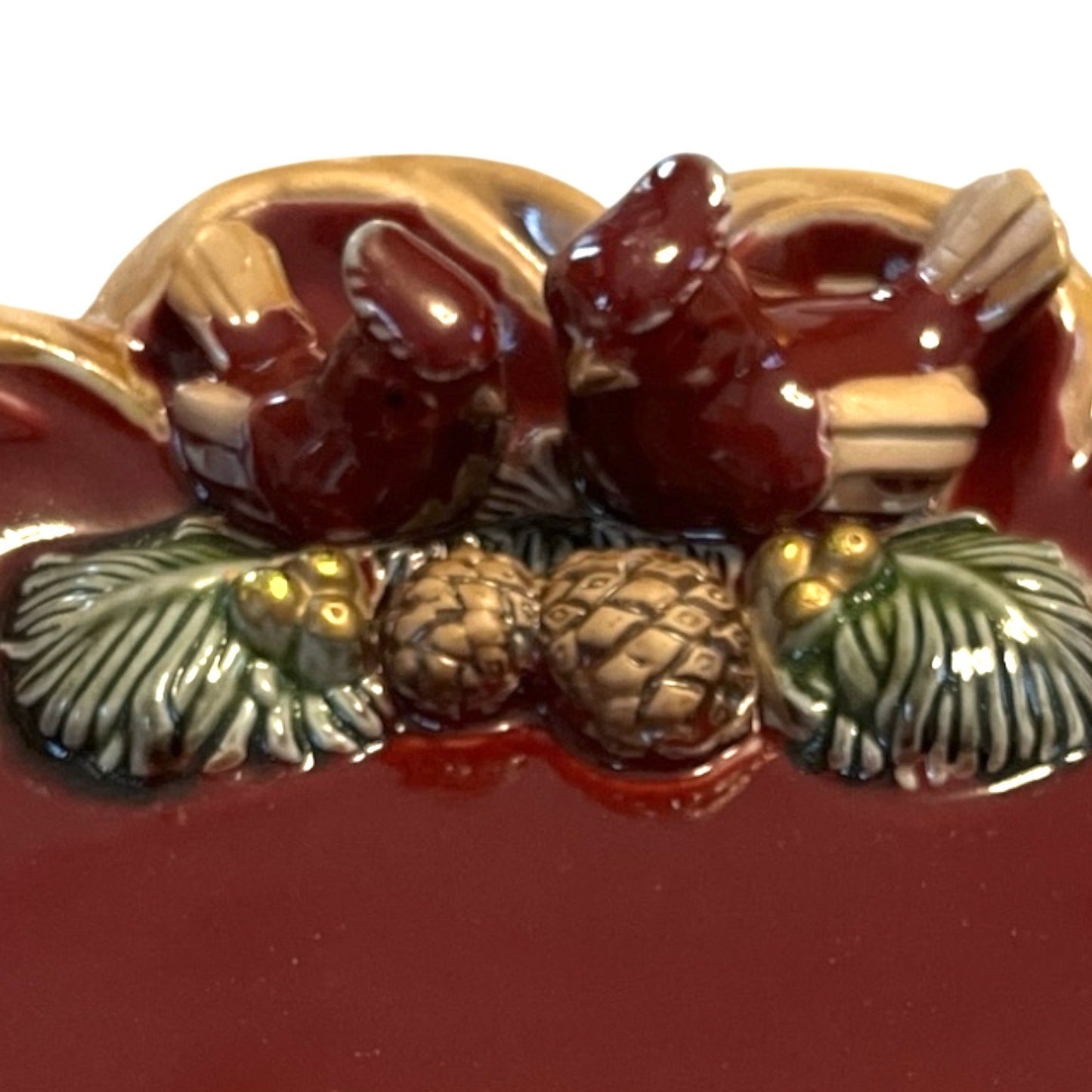 Vintage Ceramic Holiday Plate with Cardinals and Pinecones – Red & Gold Glaze – 1990s–2000s – 8.25"