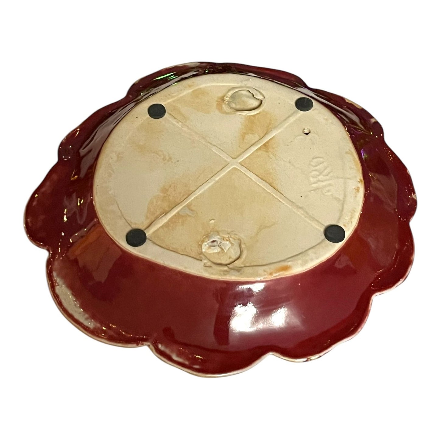 Vintage Ceramic Holiday Plate with Cardinals and Pinecones – Red & Gold Glaze – 1990s–2000s – 8.25"