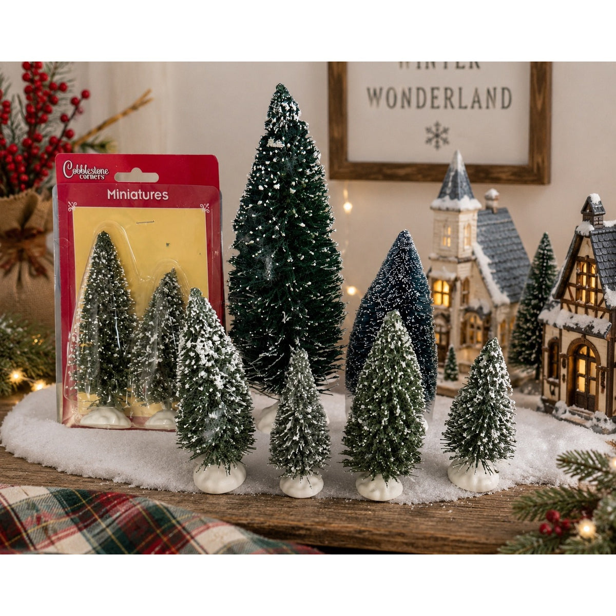 Cobblestone Corners Christmas Village Bottle Brush Tree Lot 8 Flocked 4"-9"