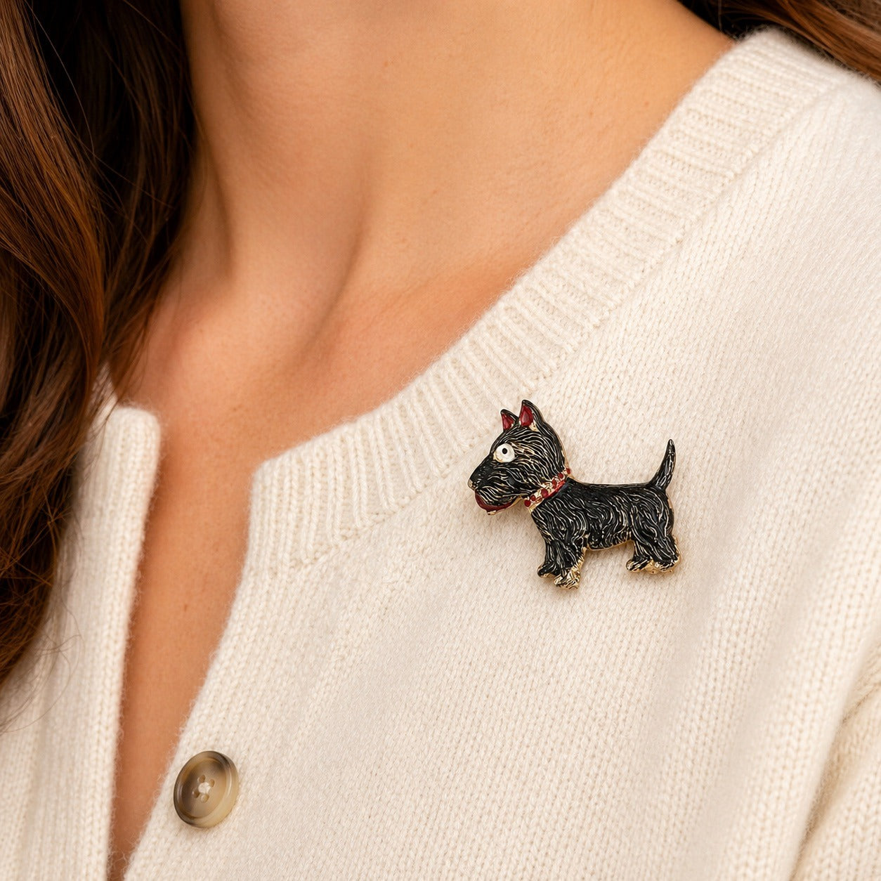 Vintage Scotty Dog Brooch Black Enamel Terrier Pin Red Collar Gold Tone 1980s