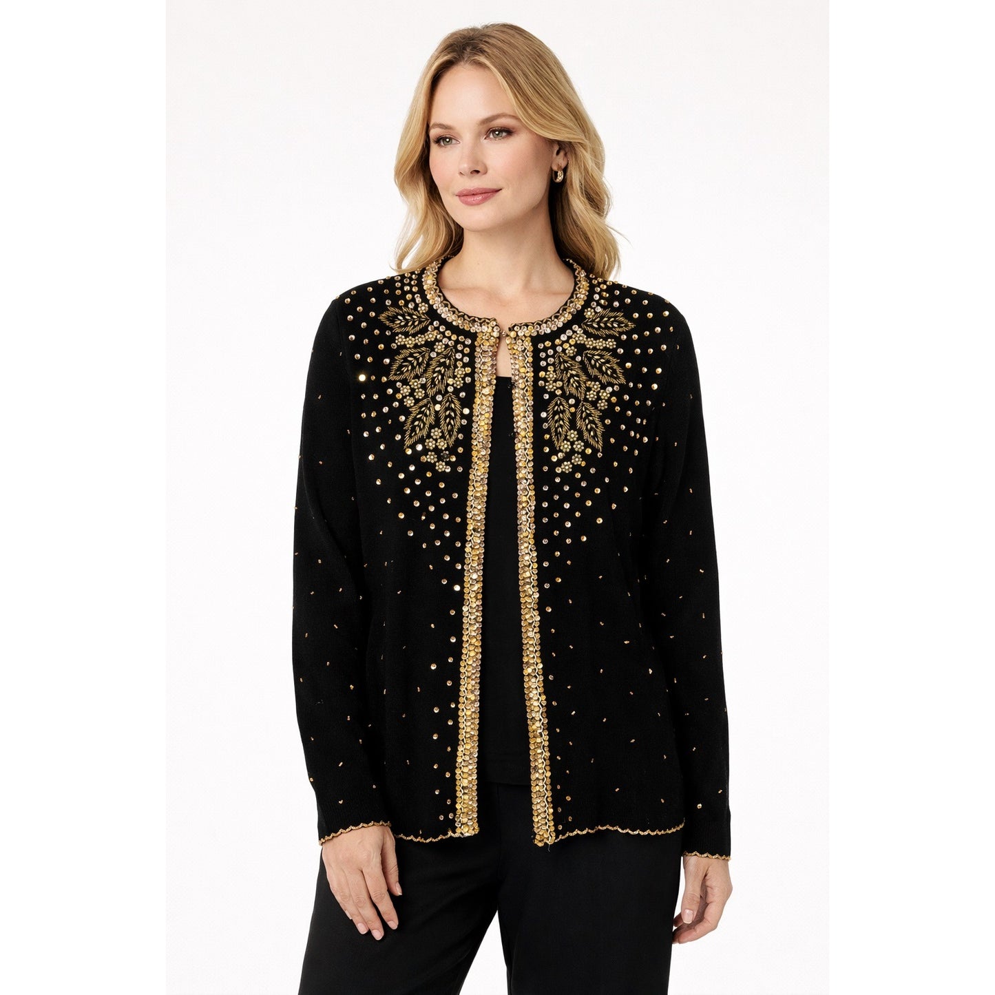 Nu Chic Beaded Lambswool Cardigan Sweater Black Gold Size 46