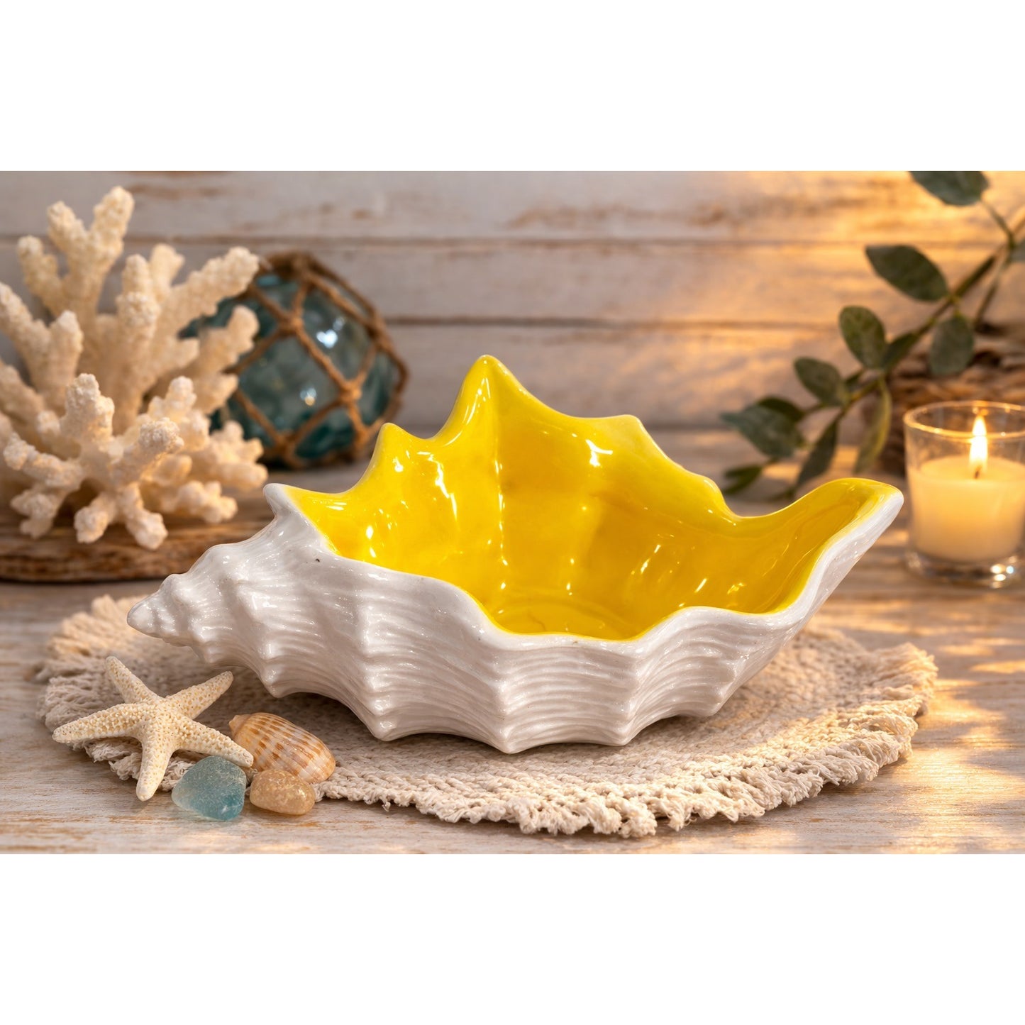 Vintage Ceramic Conch Shell Dish FF Mark White Yellow Coastal Catchall Planter