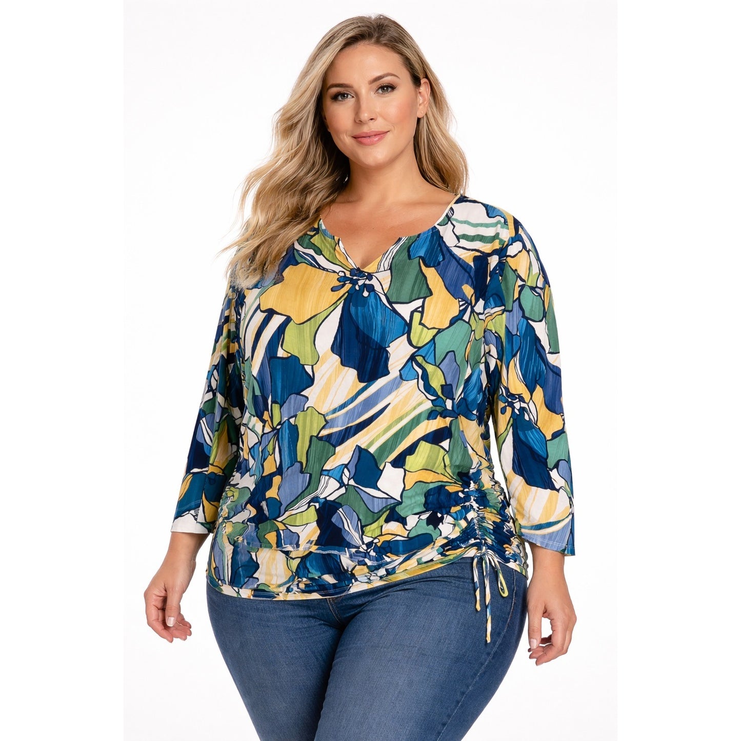 Alfred Dunner Studio Women’s 2X Abstract Floral Top Ruched Side Long Sleeve