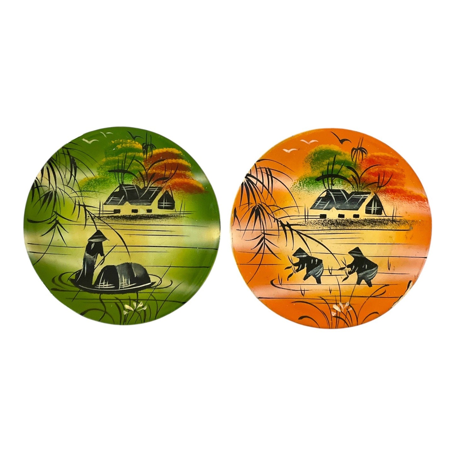 Pair of Vietnamese Lacquerware Decorative Plates – Hand-Painted Wood, Tuấn Hải, 4.75"