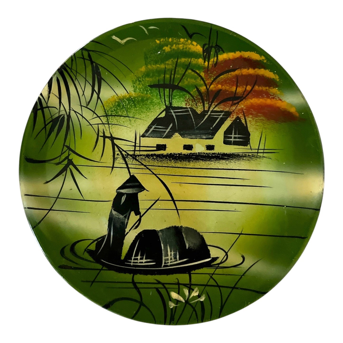 Pair of Vietnamese Lacquerware Decorative Plates – Hand-Painted Wood, Tuấn Hải, 4.75"