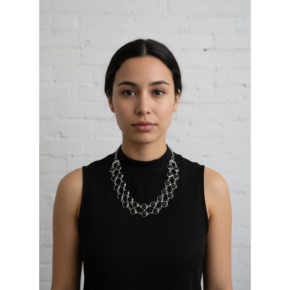 Black Faceted Statement Necklace Silver Tone Double Strand Adjustable Choker Early 2000s