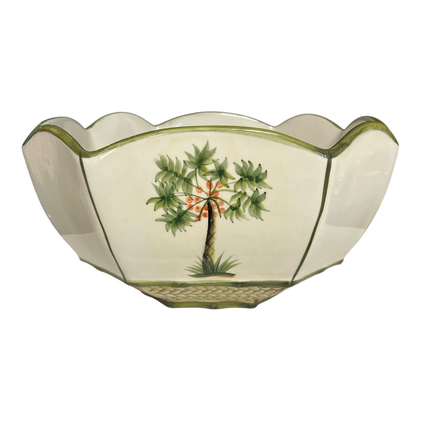 Jay Import Company Ceramic Palm Tree Bowl – Tropical Octagonal Scalloped Dish, Handpainted Look, 2000s