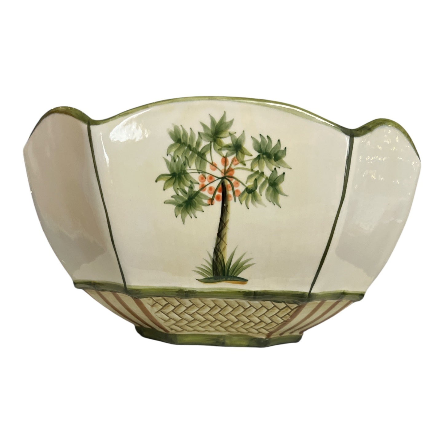 Jay Import Company Ceramic Palm Tree Bowl – Tropical Octagonal Scalloped Dish, Handpainted Look, 2000s