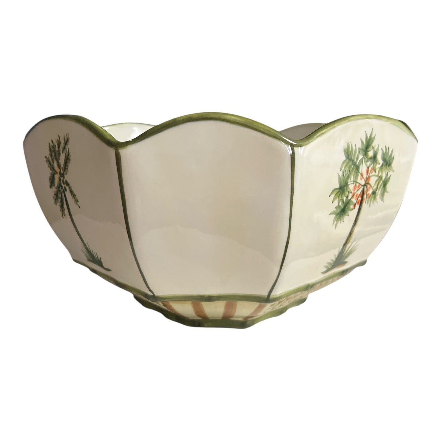 Jay Import Company Ceramic Palm Tree Bowl – Tropical Octagonal Scalloped Dish, Handpainted Look, 2000s