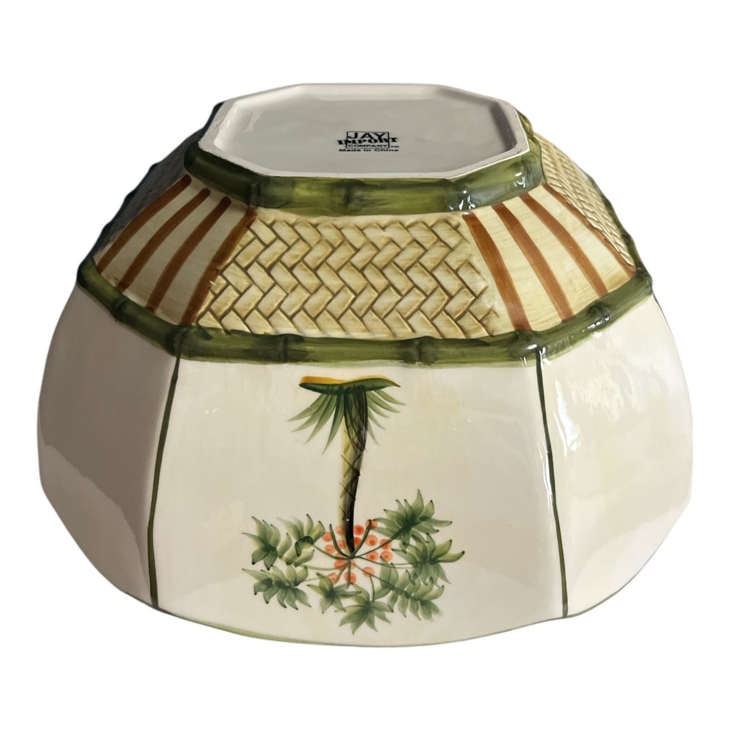Jay Import Company Ceramic Palm Tree Bowl – Tropical Octagonal Scalloped Dish, Handpainted Look, 2000s